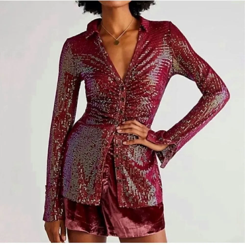 Free People  Iridescent Sequin Collared Ruched Longline Shirtee Dark Rhubarb siz